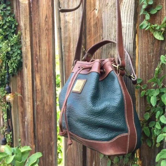 Vintage 90s Hunter Green Pebbled Genuine Leather Boho Chic Bucket Drawstring Bag - Picture 5 of 8